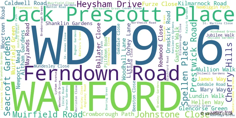 A word cloud for the WD19 6 postcode